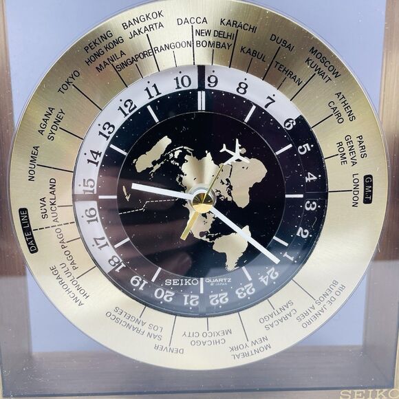 Vintage Seiko Quartz World Time Zone Clock With Airplane Second Hand Desk Mantle - Picture 2 of 16